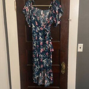 Xhilaration Blue Tropical Print Wrap Dress with Flutter Sleeves